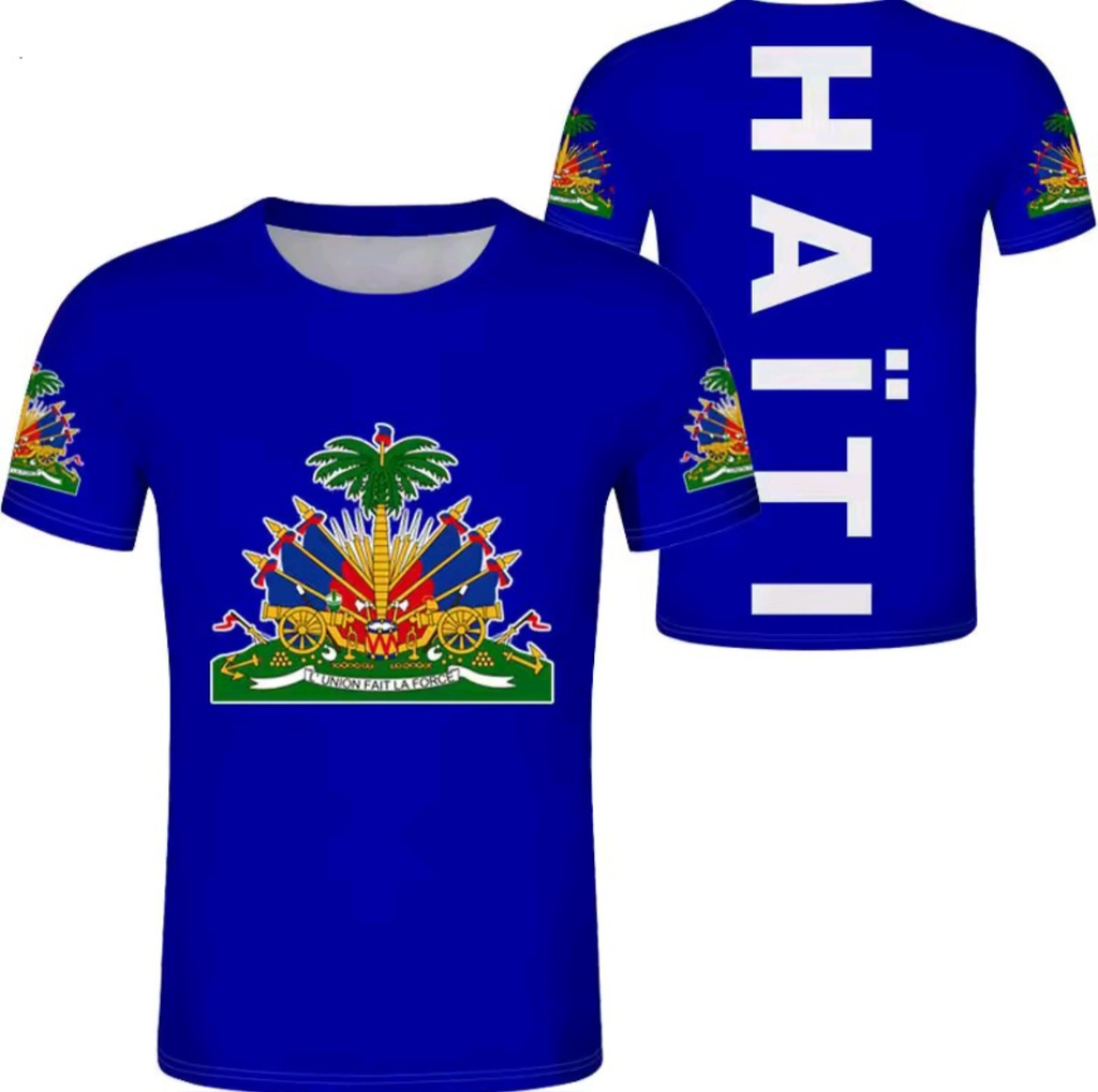 Blue t-shirt with Haitian flag design on front and 'HAITI' on back