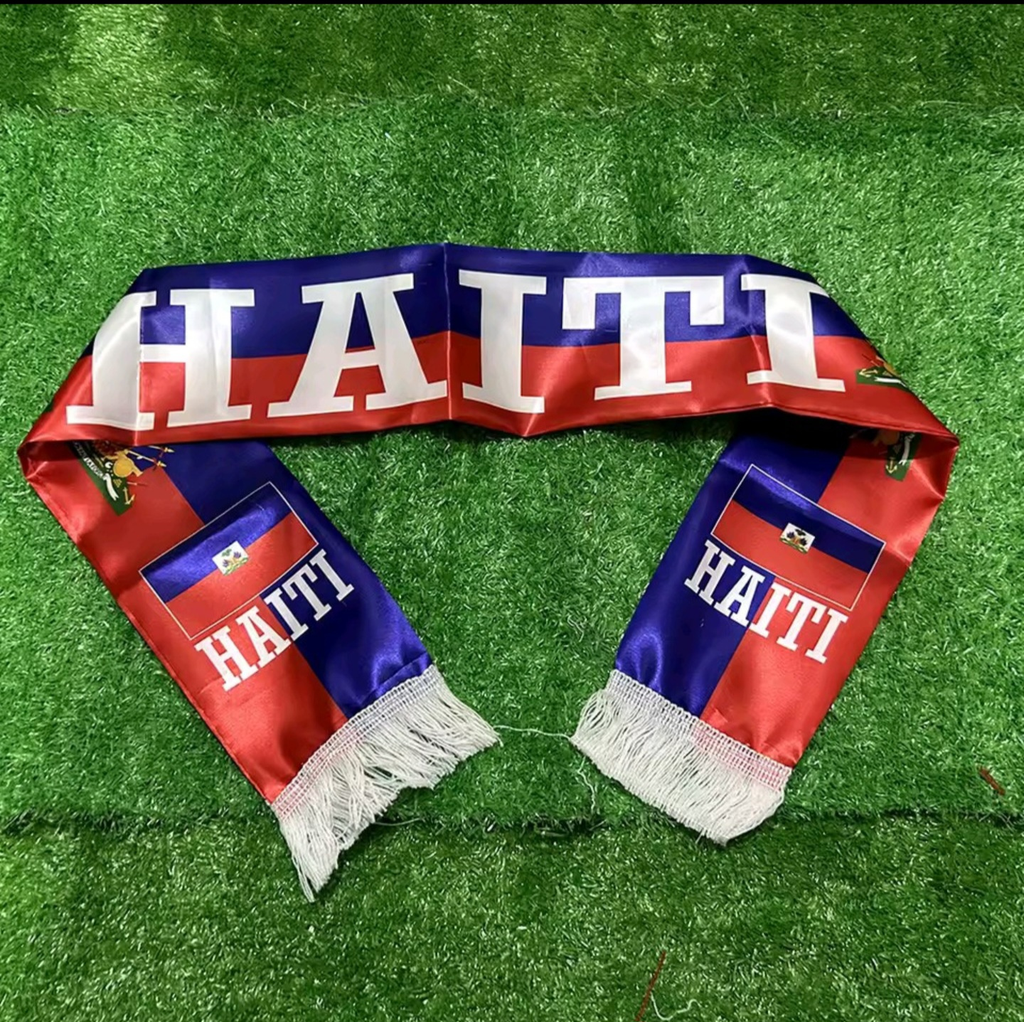 Haiti-themed scarf with red, white, and blue colors on a grass background