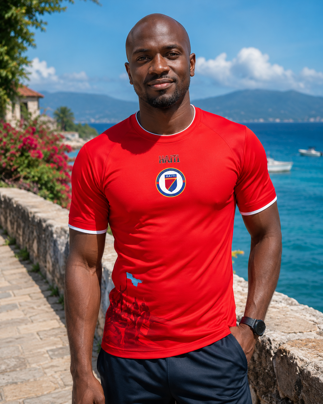Man wearing a red sports jersey with a logo, standing by a scenic coastal area.