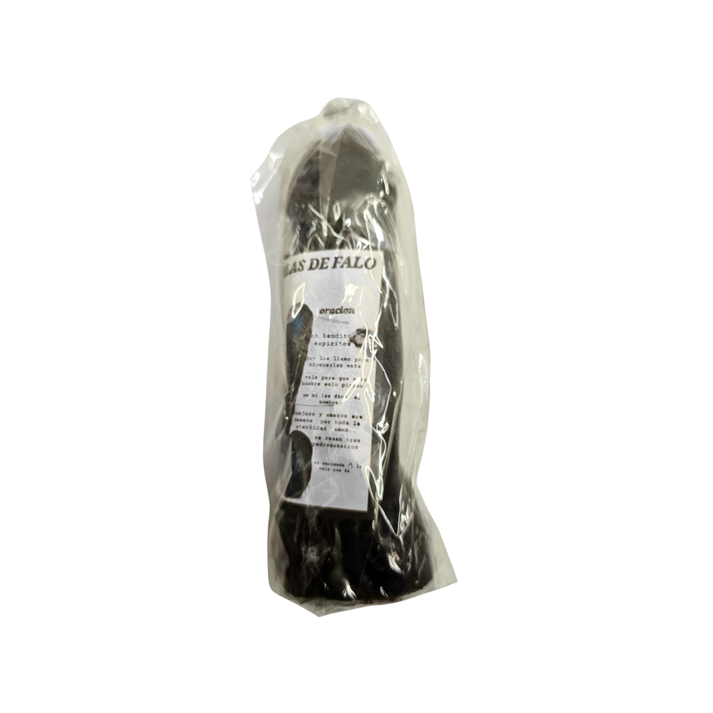 Packaged black penis with a label on a white background