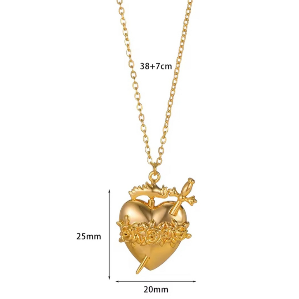 Sacred Heart of Ezili Freda Necklace – Gold Sword Through Heart Pendant with Roses