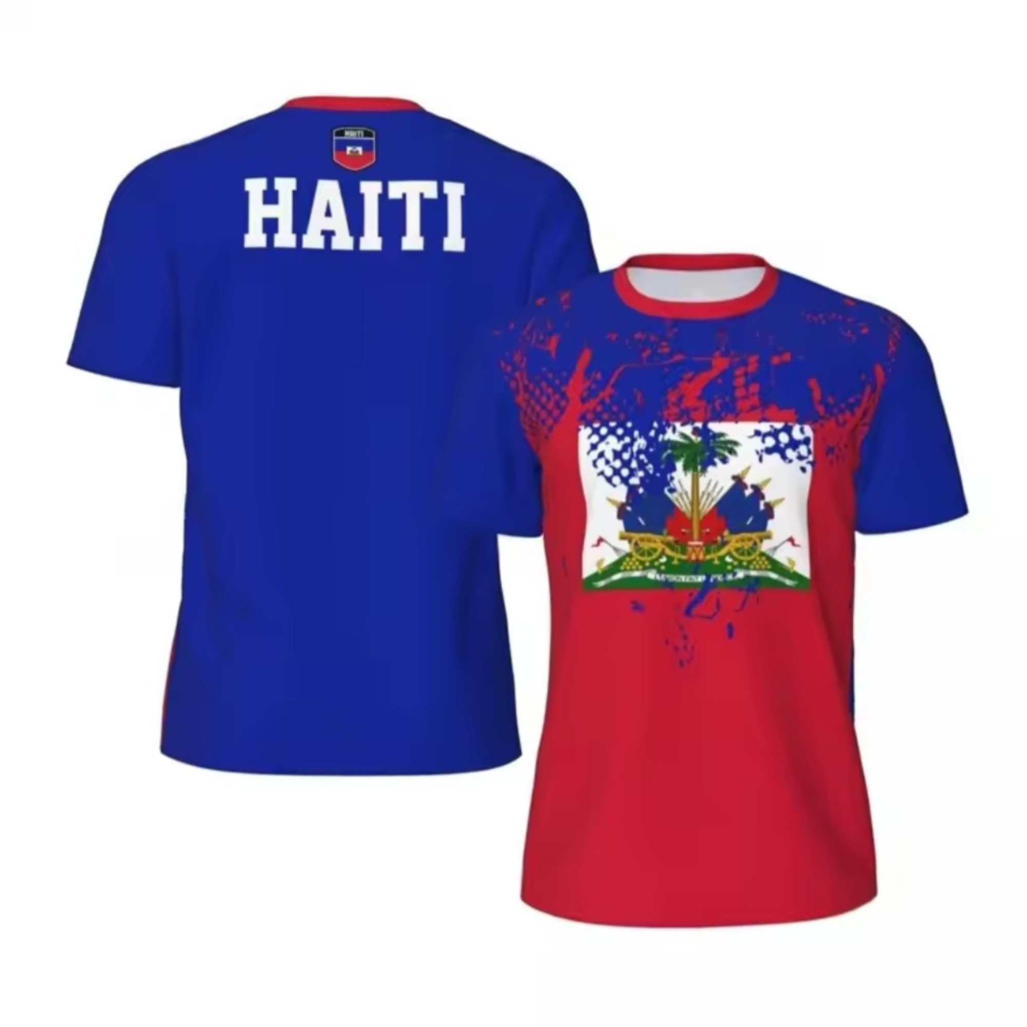 Blue and red t-shirt with 'HAITI' on the back and national emblem on the front.