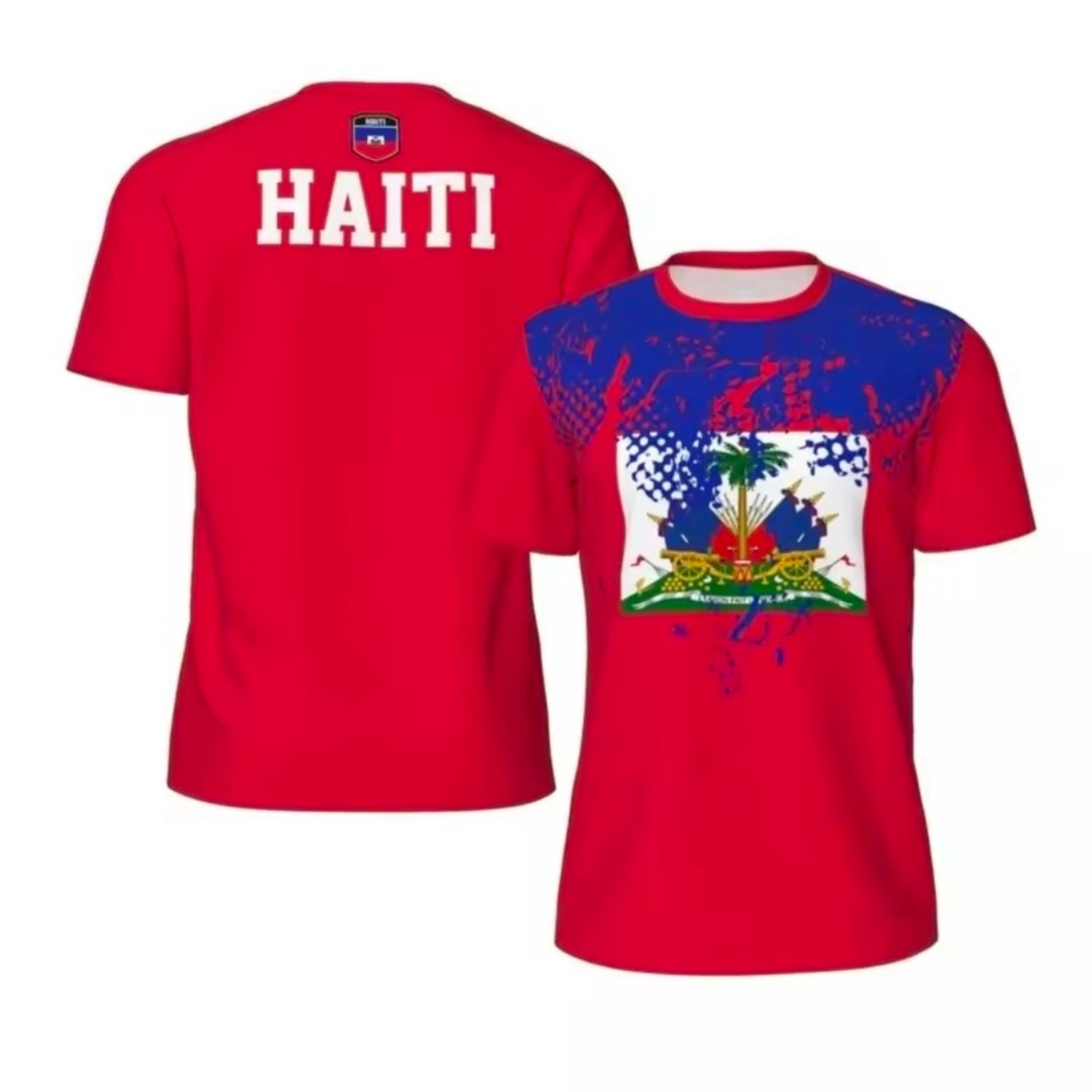 Red t-shirt with 'HAITI' on the back and a colorful graphic on the front, displayed on a white background.