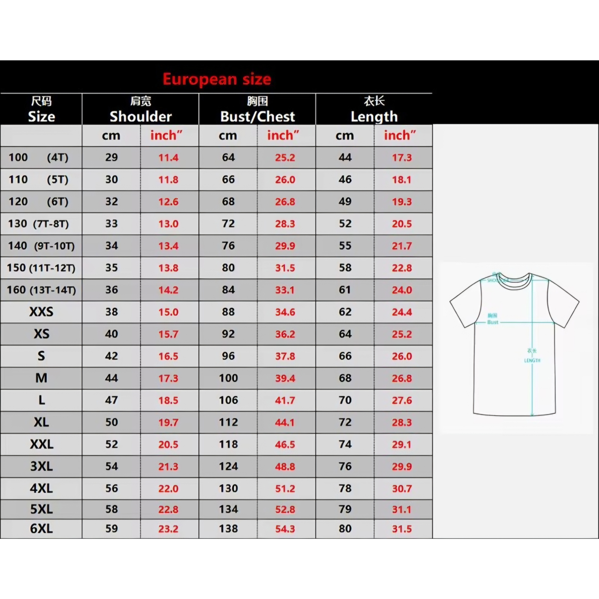 Size chart for shirts with European size labels