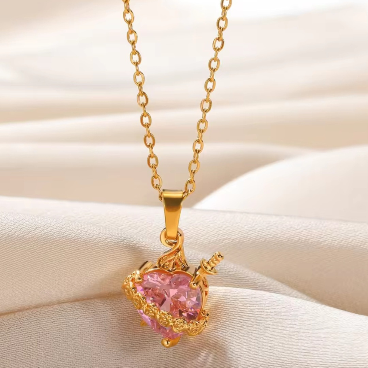 Sacred Heart of Ezili Freda Necklace – Gold Sword Through Heart Pendant with Roses