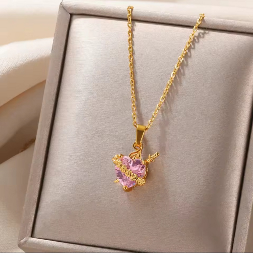 Sacred Heart of Ezili Freda Necklace – Gold Sword Through Heart Pendant with Roses