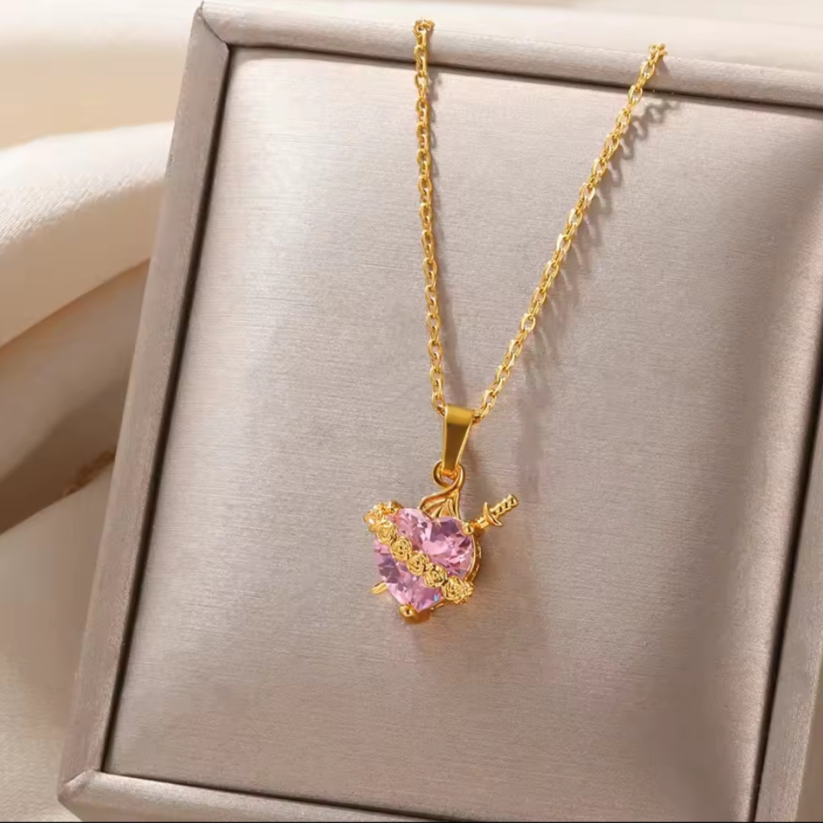 Sacred Heart of Ezili Freda Necklace – Gold Sword Through Heart Pendant with Roses