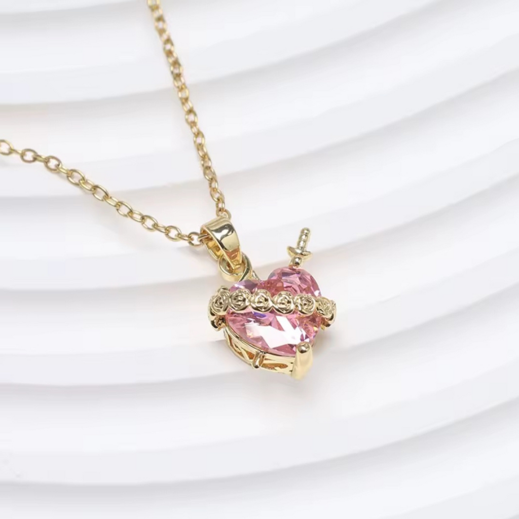 Sacred Heart of Ezili Freda Necklace – Gold Sword Through Heart Pendant with Roses