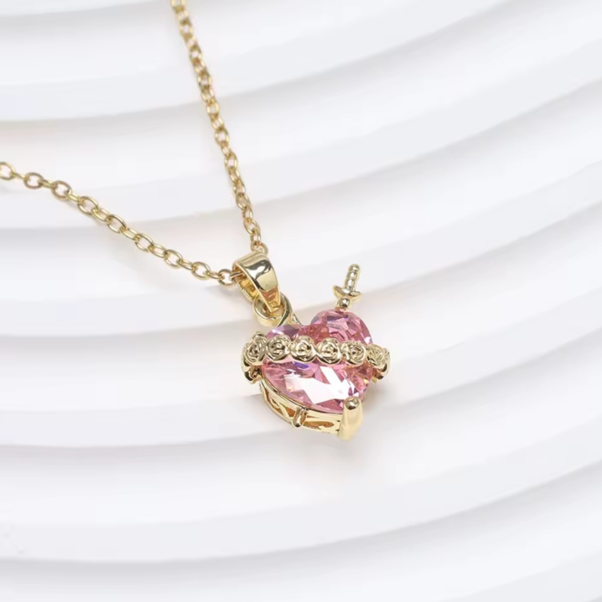 Sacred Heart of Ezili Freda Necklace – Gold Sword Through Heart Pendant with Roses