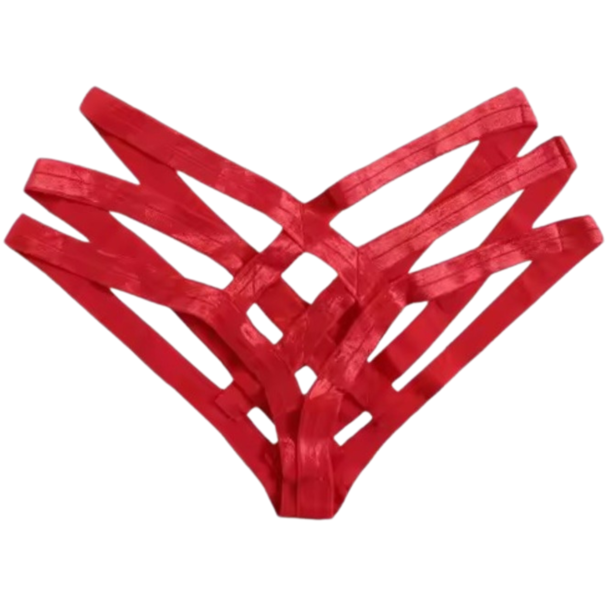 Red thong with cut-out design on a white background