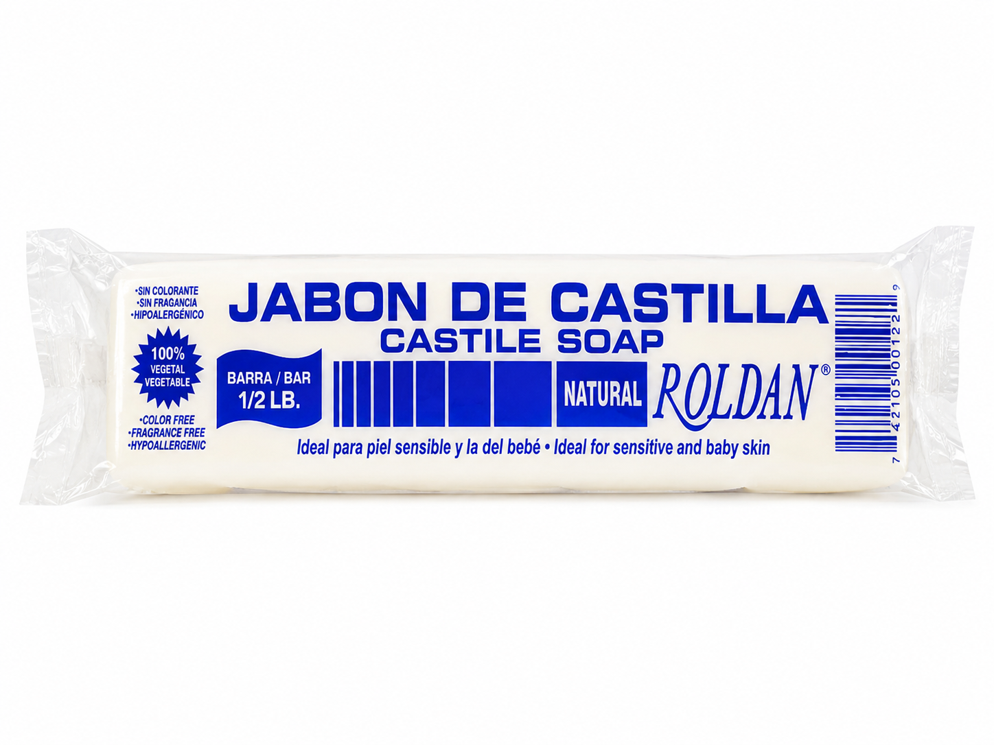 A 1/2 lb bar of Roldan Castile Soap in its clear plastic wrapper, featuring blue text and graphics on a white background.