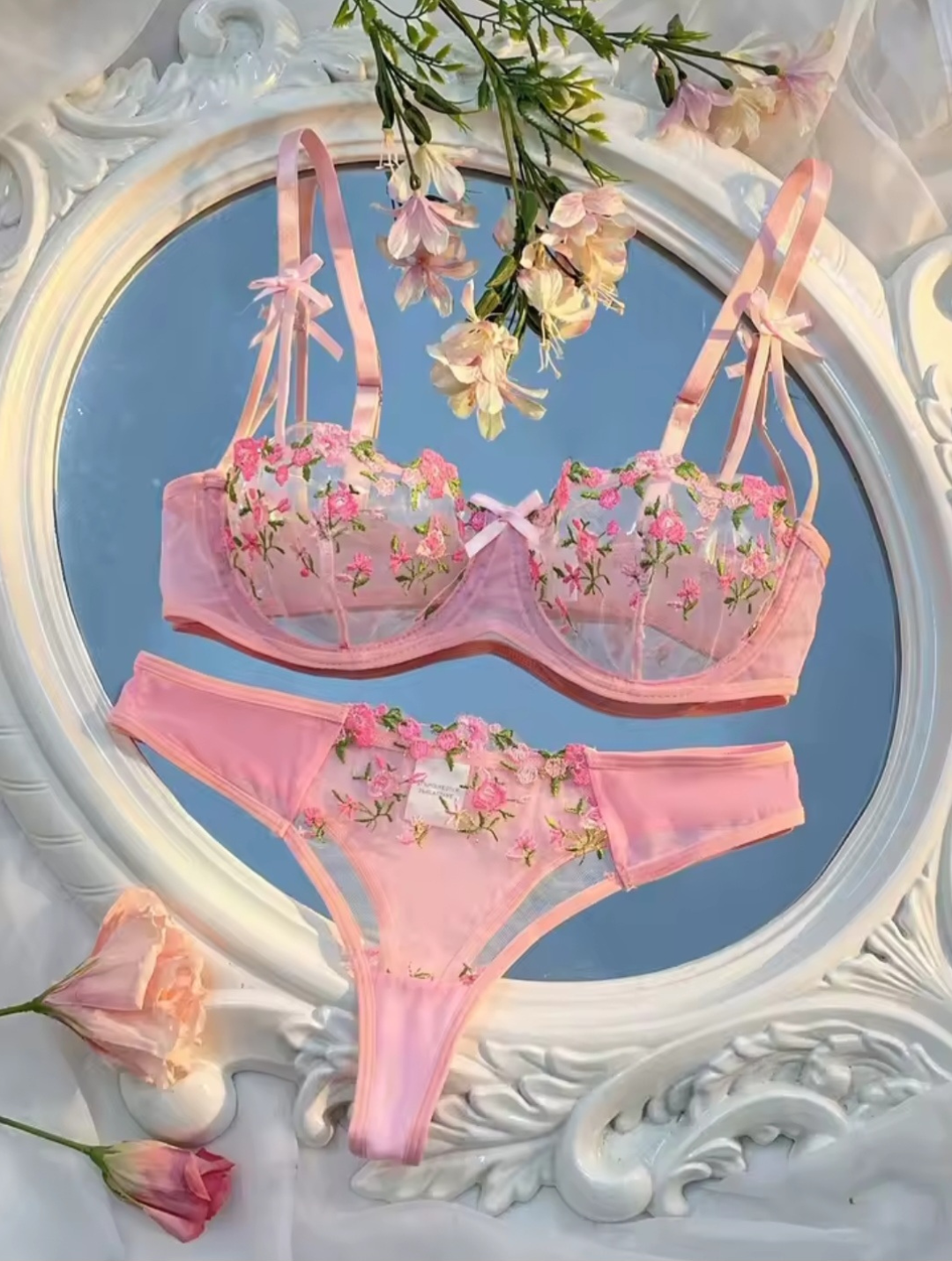 Pink Blossom Embroidered Lingerie Set