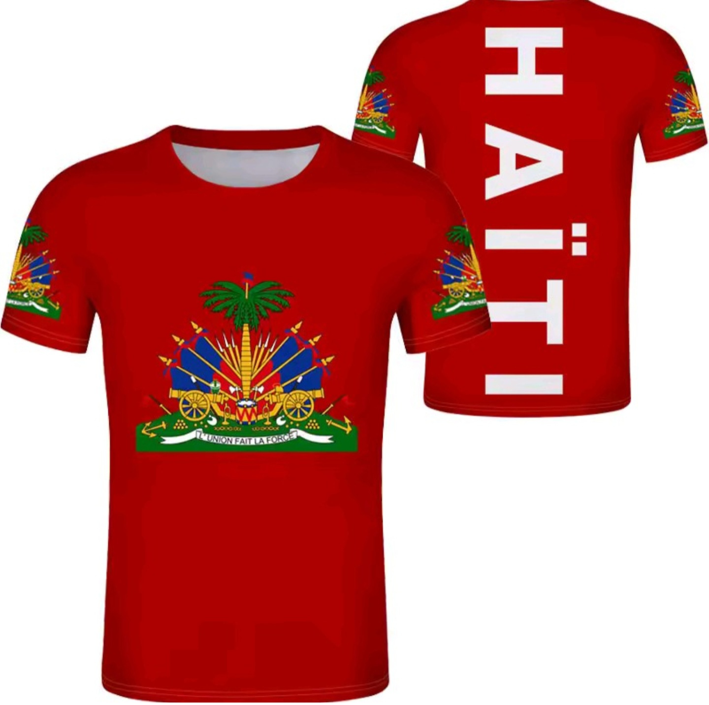 Red t-shirt with Haitian flag design on front and 'HAITI' on back