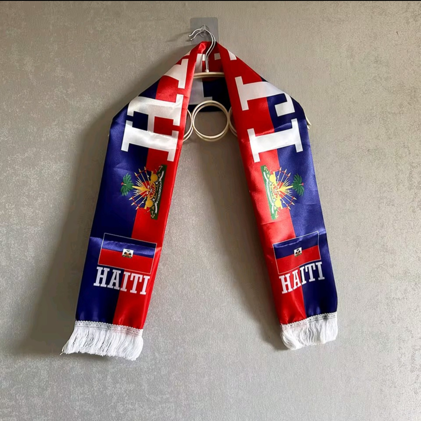 Haiti-themed scarf with red, white, and blue colors on a gray background