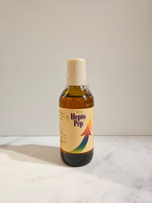 Bottle of Hepa Pep on a light gray background
