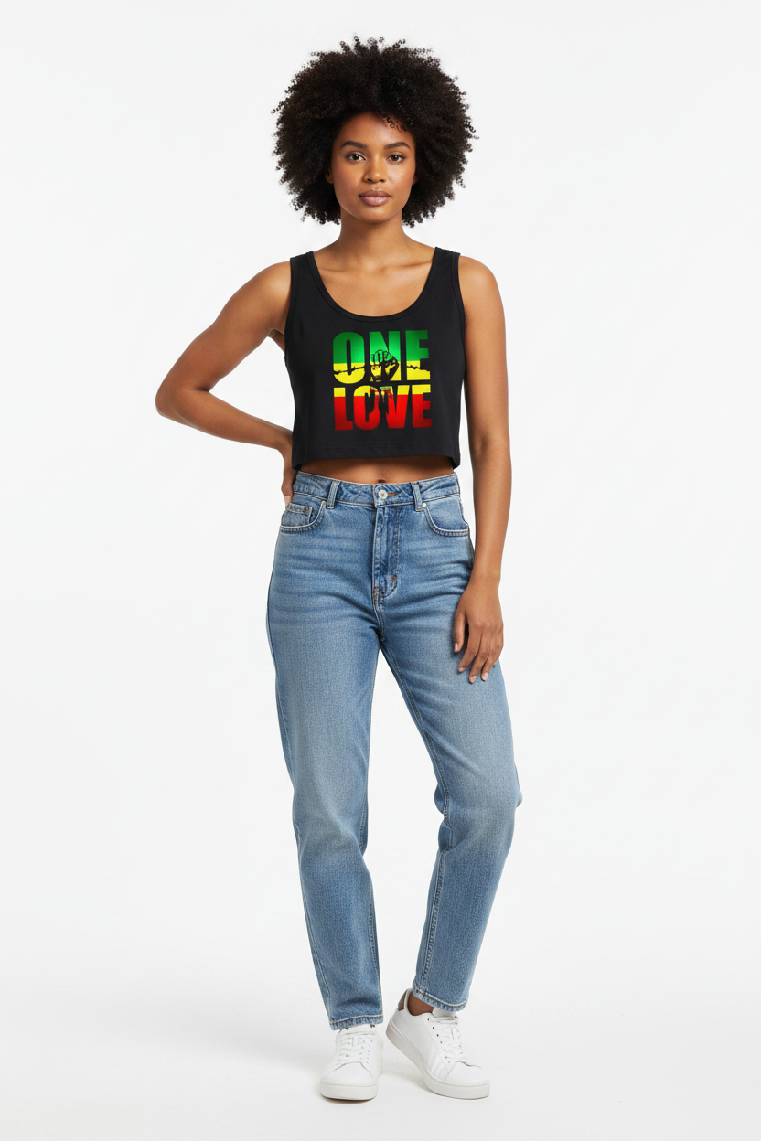 Black tank top with 'One Love' text in Rastafarian colors on a white background