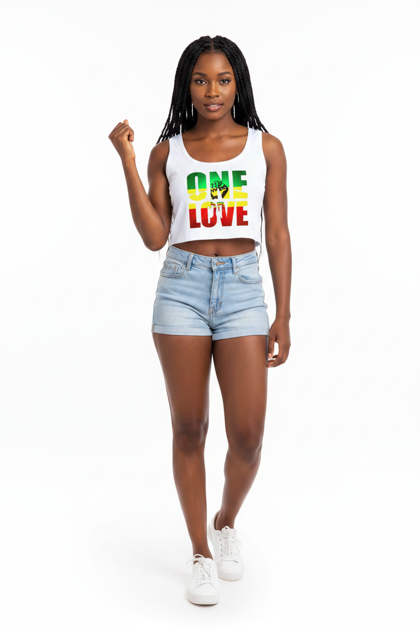 White tank top with 'One Love' text in Rastafarian colors on a white background