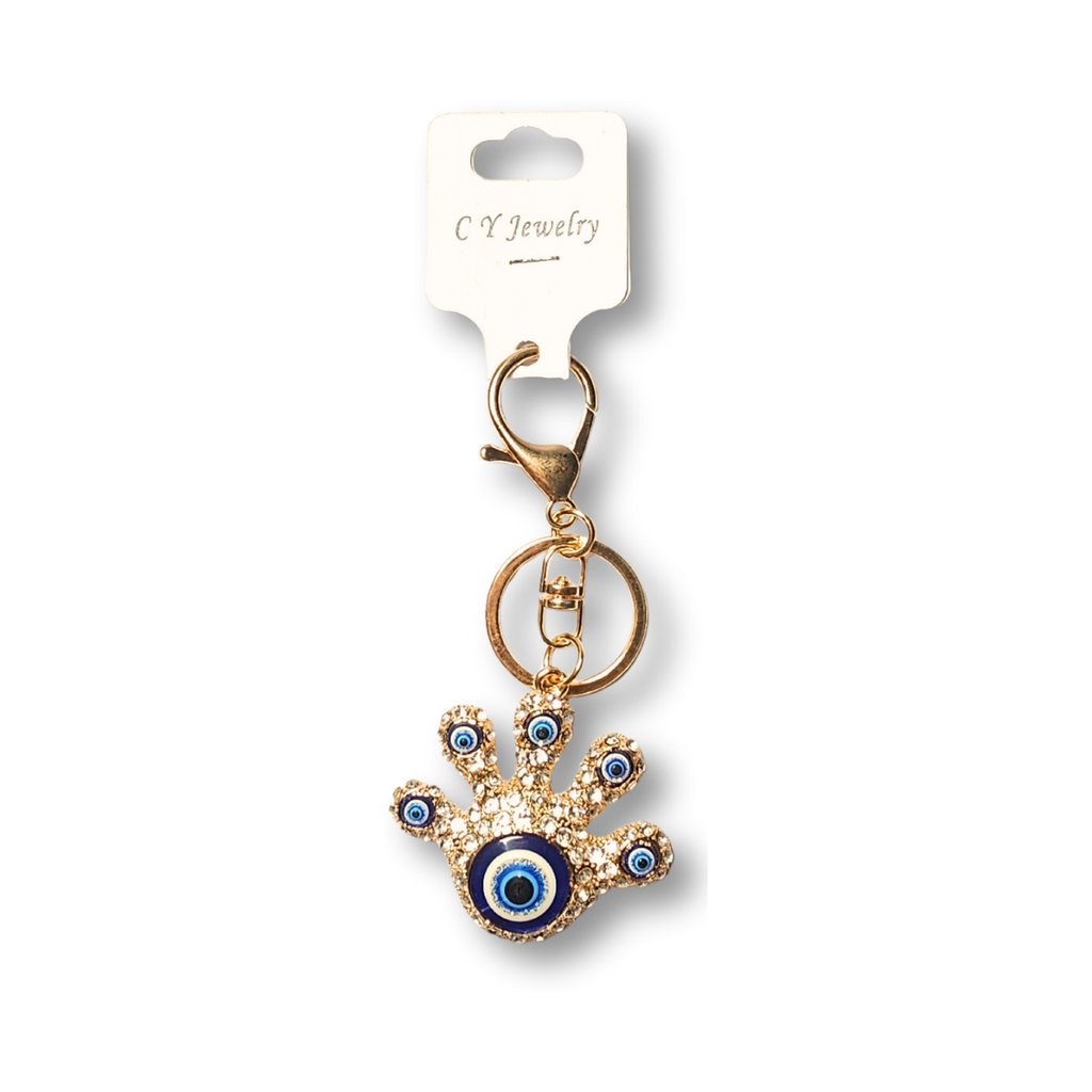 Gold Palm with 6 Turkish Blue Evil Eye Keychain
