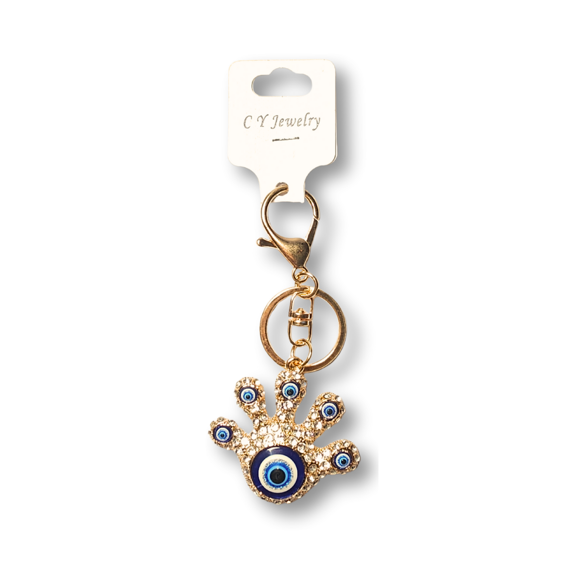 Gold Palm with 6 Turkish Blue Evil Eye Keychain