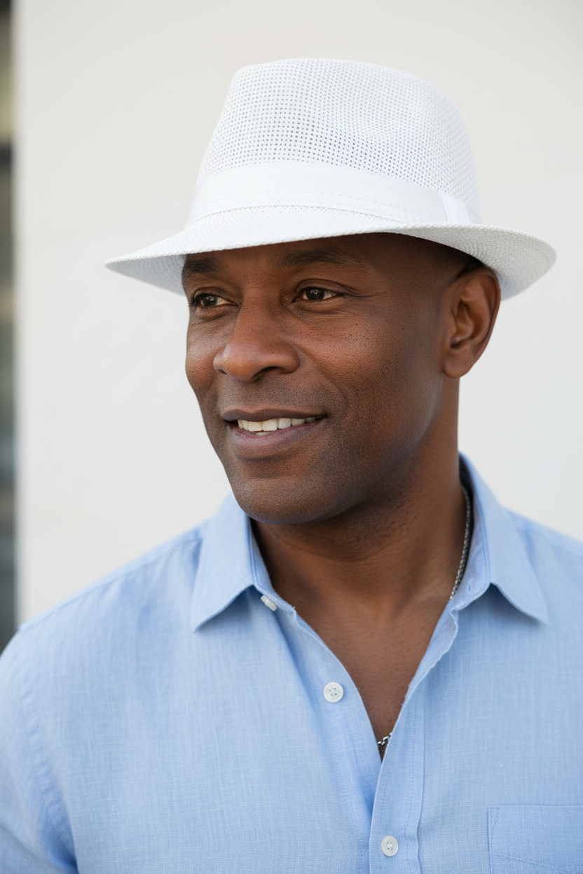 White straw hat with a band on a white background