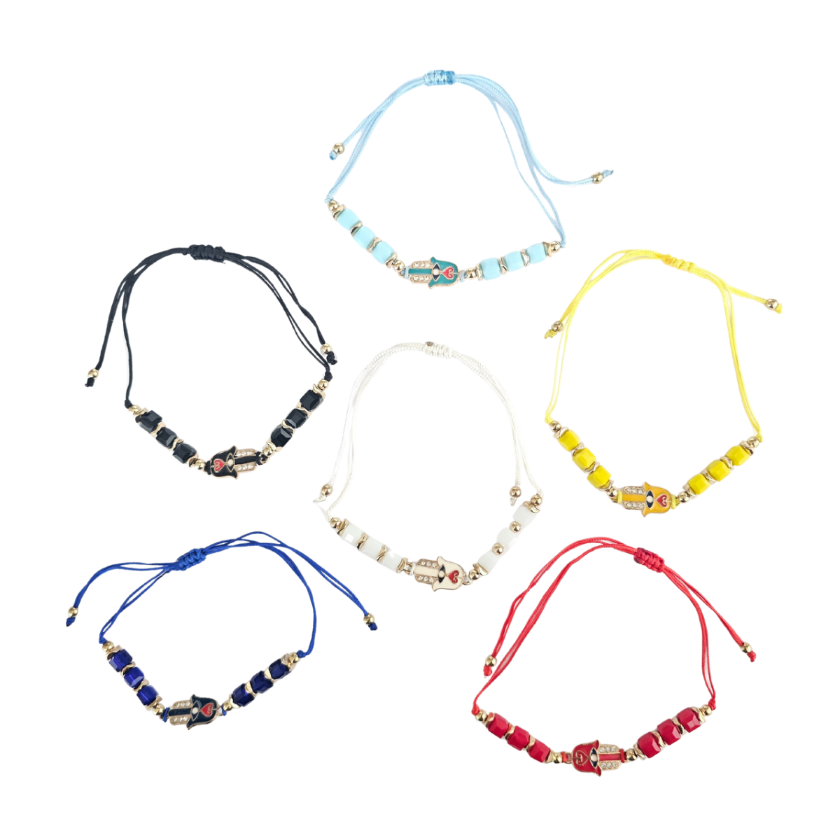 Set of six colorful beaded necklaces on a white background