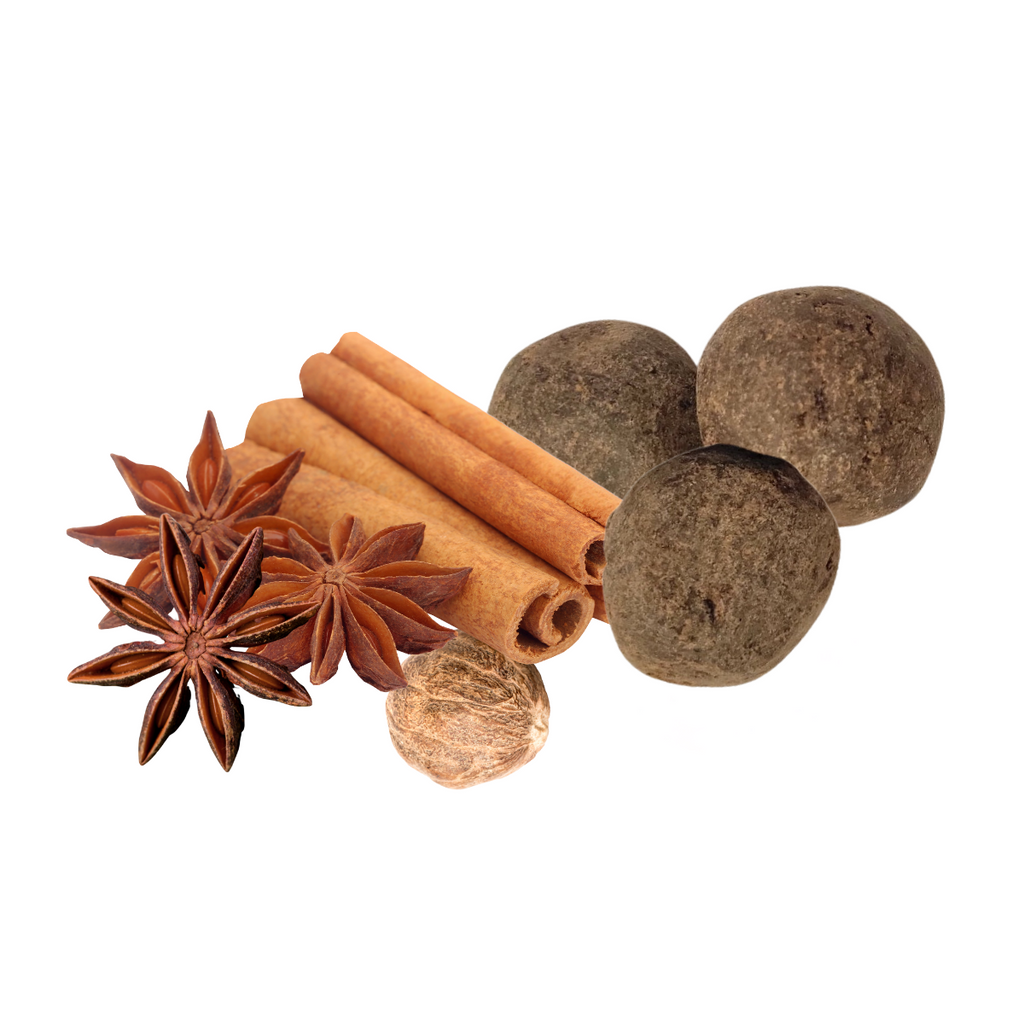 Haitian Cocoa ball with Spices including cinnamon sticks, star anise, and whole nutmeg on a white background