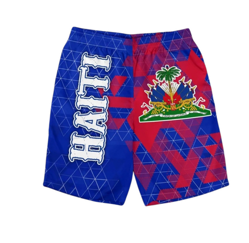 Blue and red shorts with 'Haiti' text and emblem on a white background