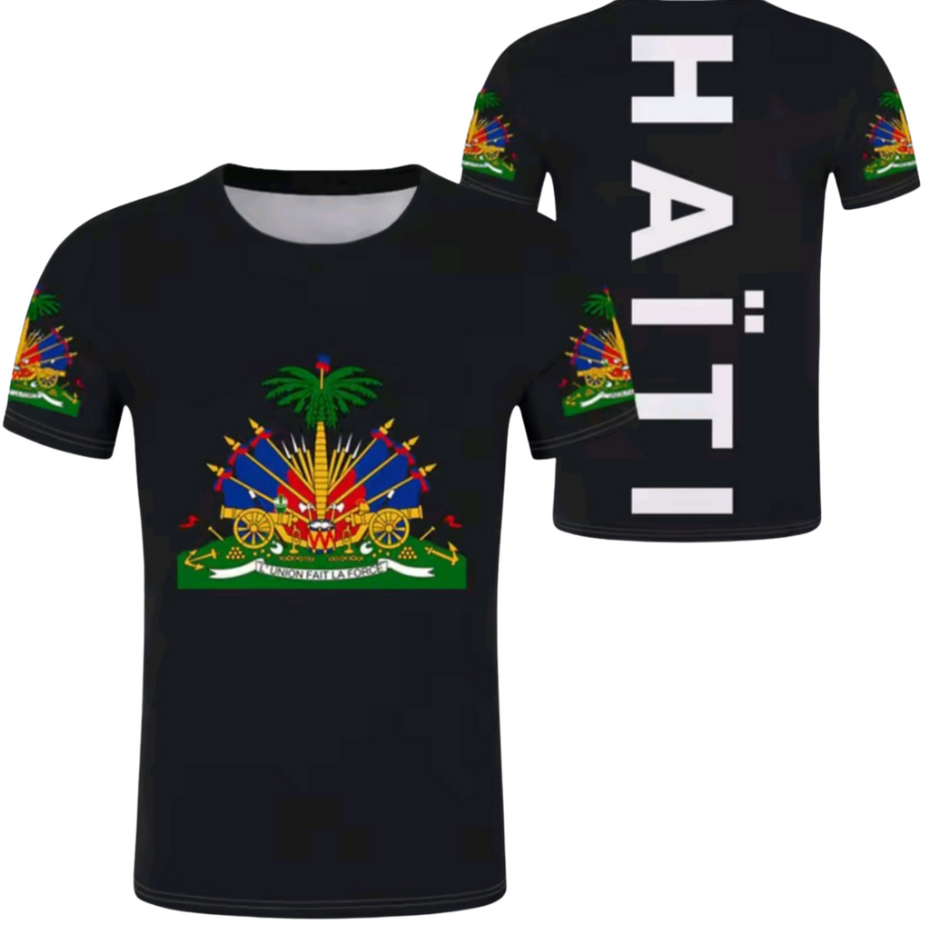 Black t-shirt with Haitian flag design on front and 'HAiTi' on back