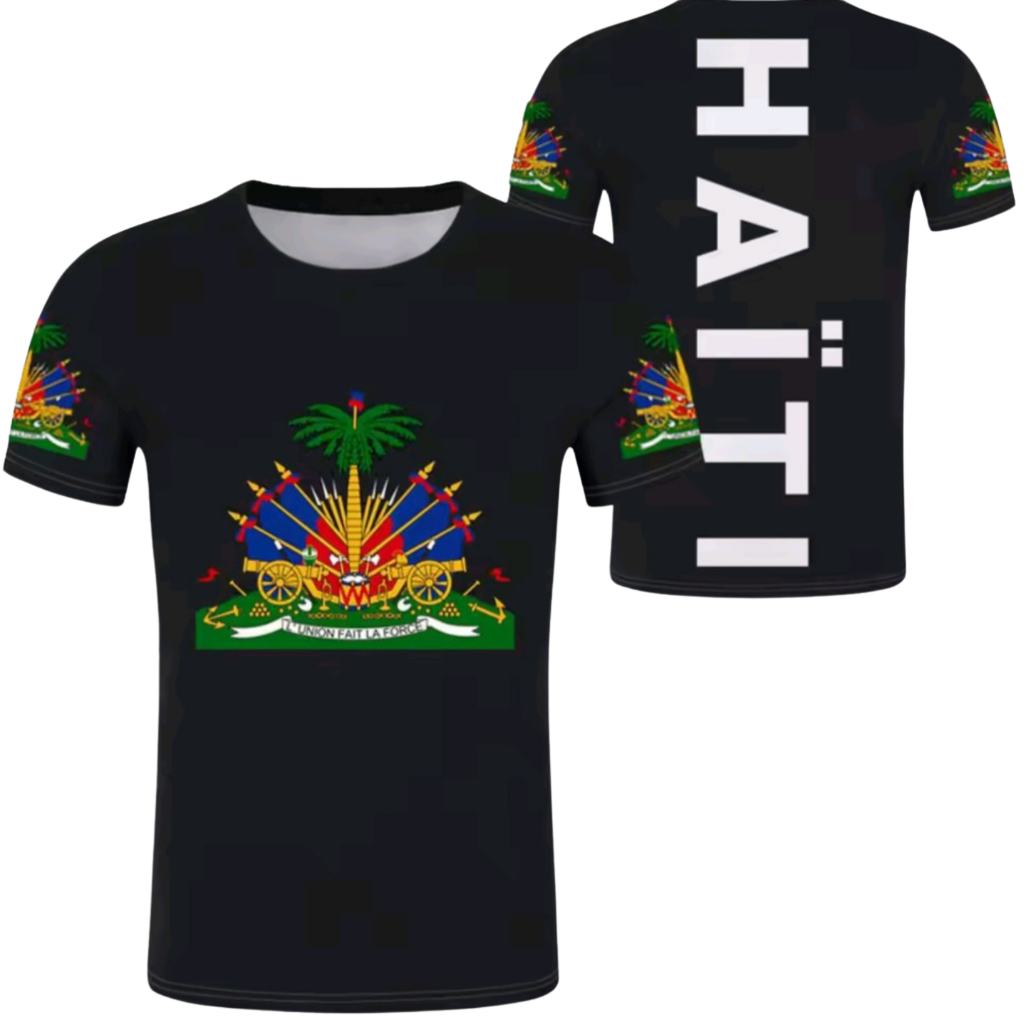 Black t-shirt with Haitian flag design on front and 'HAiTi' on back