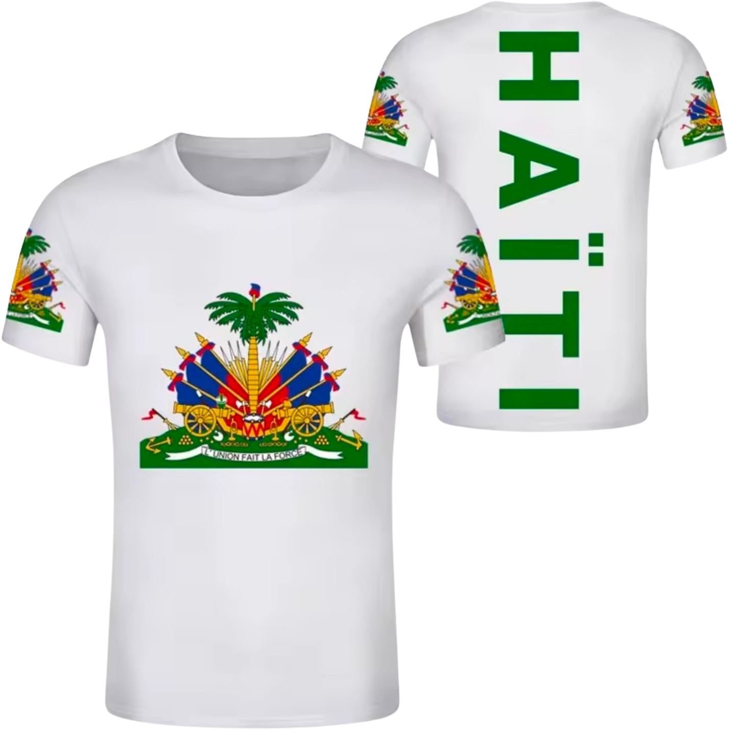 White t-shirt with Haitian flag design on front and 'HAITI 'on back