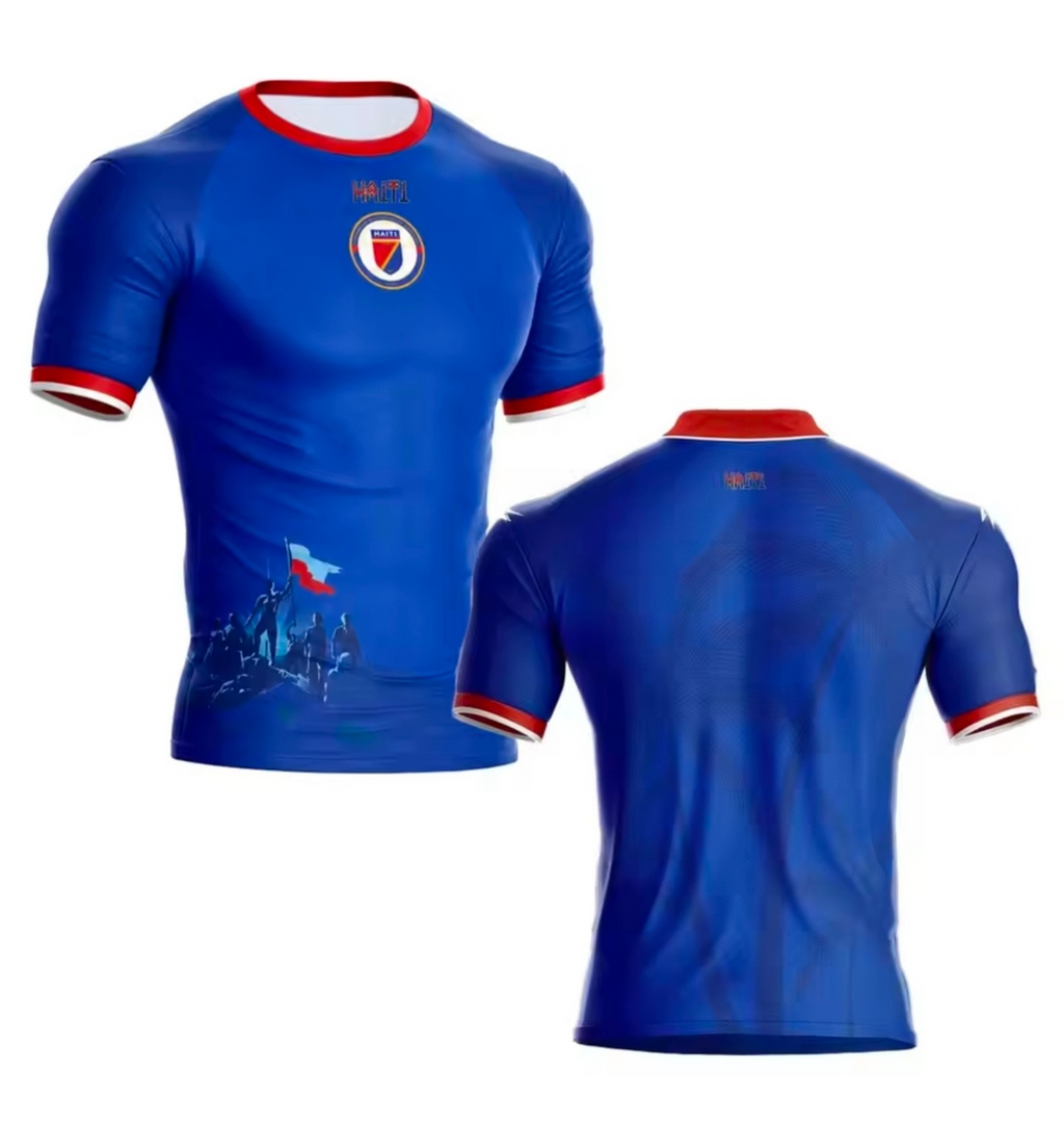 Blue sports jersey with red and white accents on a white background
