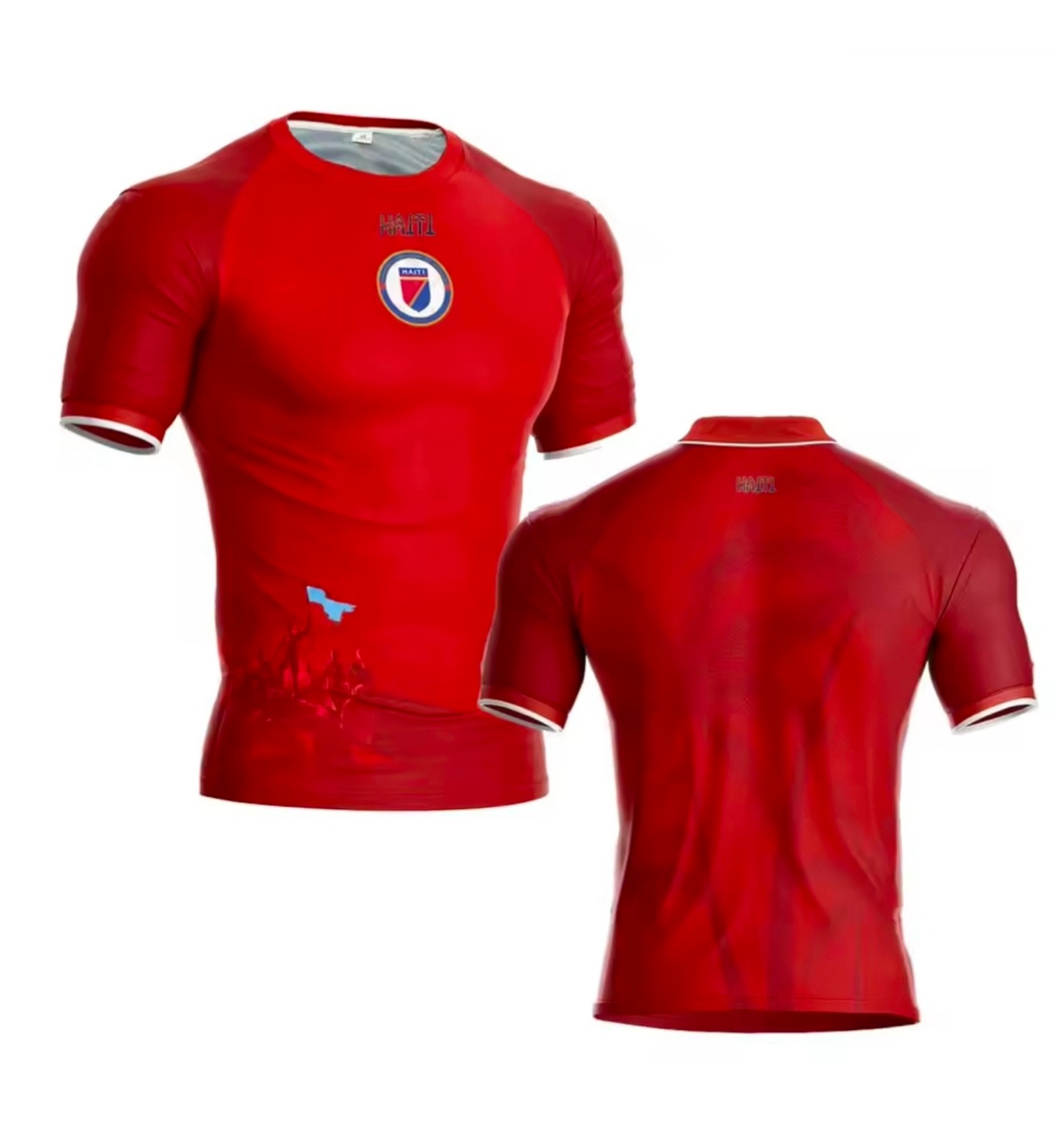 Red sports jersey with a logo on a white background