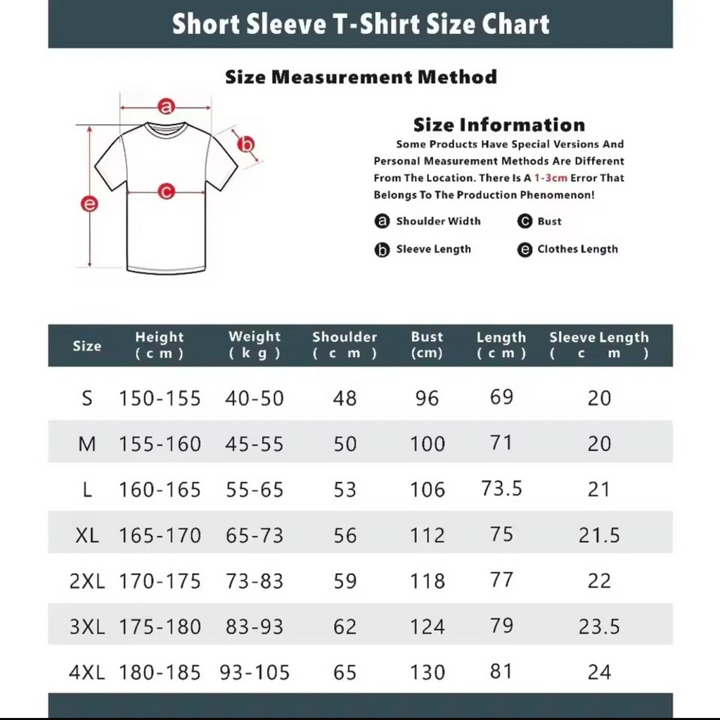 Short Sleeve T-Shirt Size Chart with measurement details