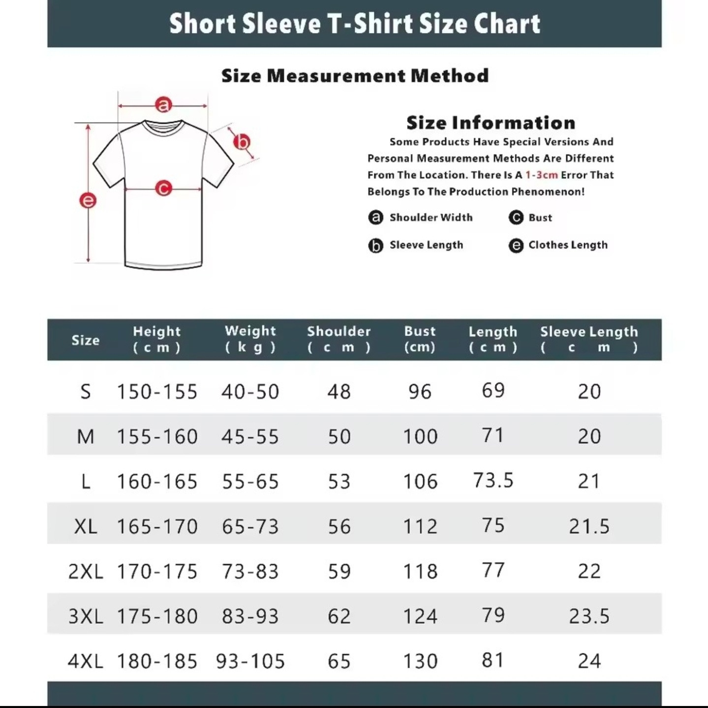 Short Sleeve T-Shirt Size Chart with measurement details