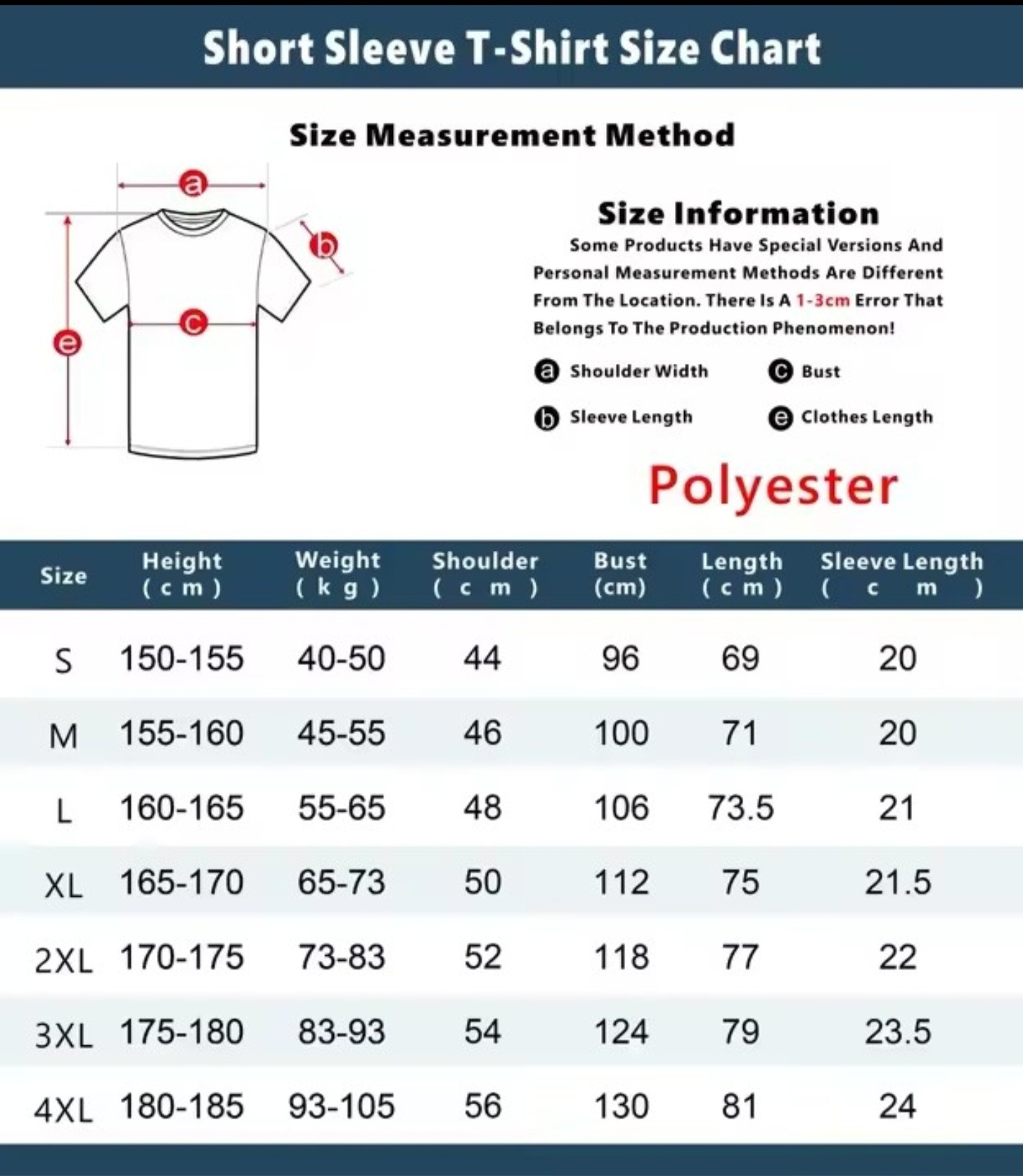 Short Sleeve T-Shirt Size Chart with measurements and polyester label