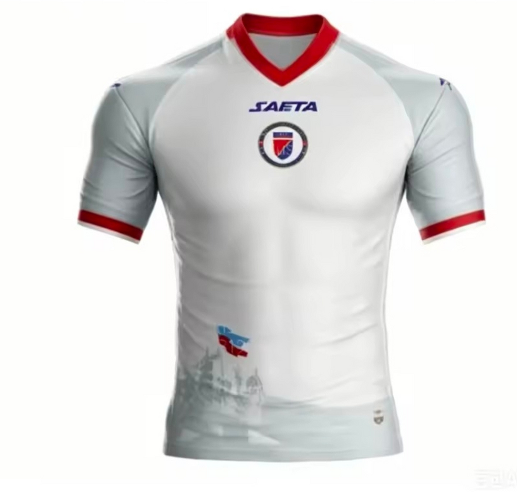 White sports jersey with red and blue accents featuring a logo and brand name on a white background