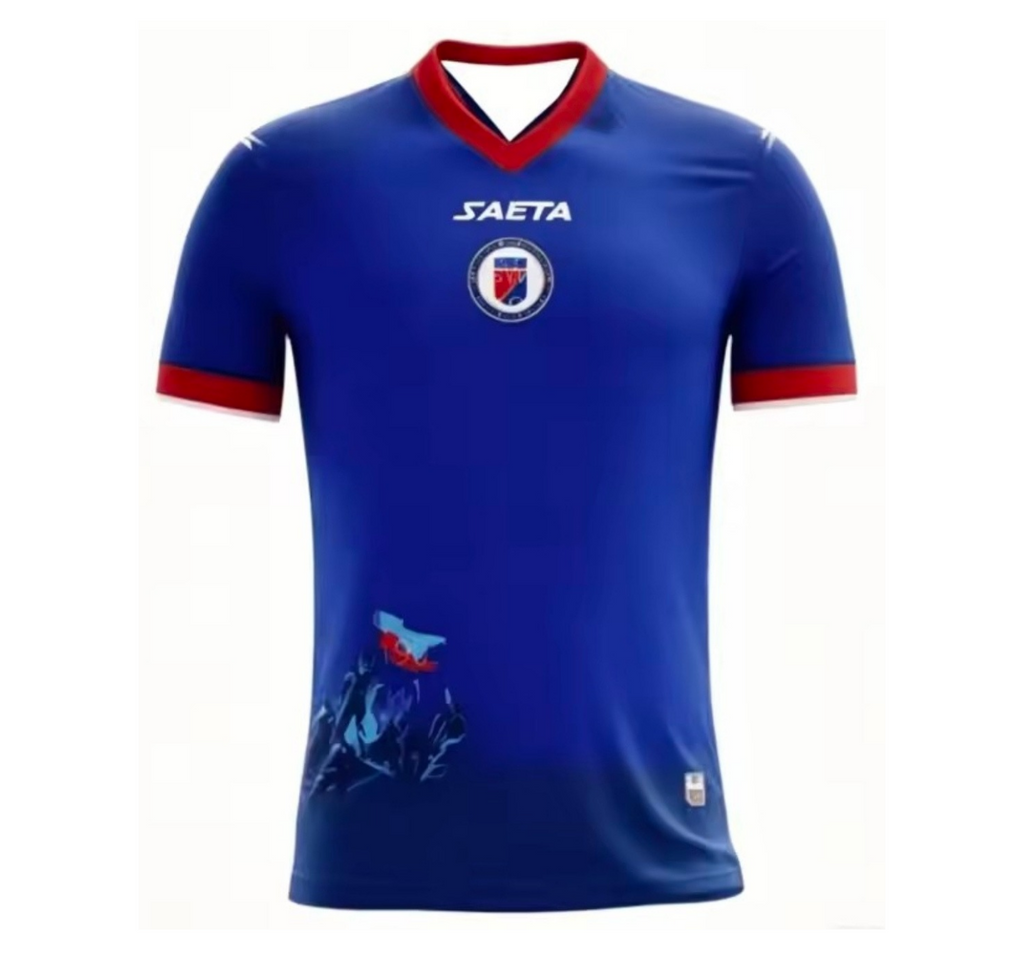 Blue sports jersey with red accents and a logo on a white background
