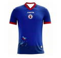 Blue sports jersey with red accents and a logo on a white background