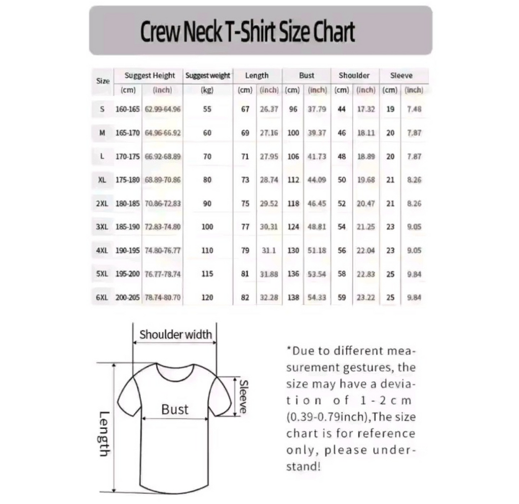 Crew neck t-shirt size chart with measurements on a white background
