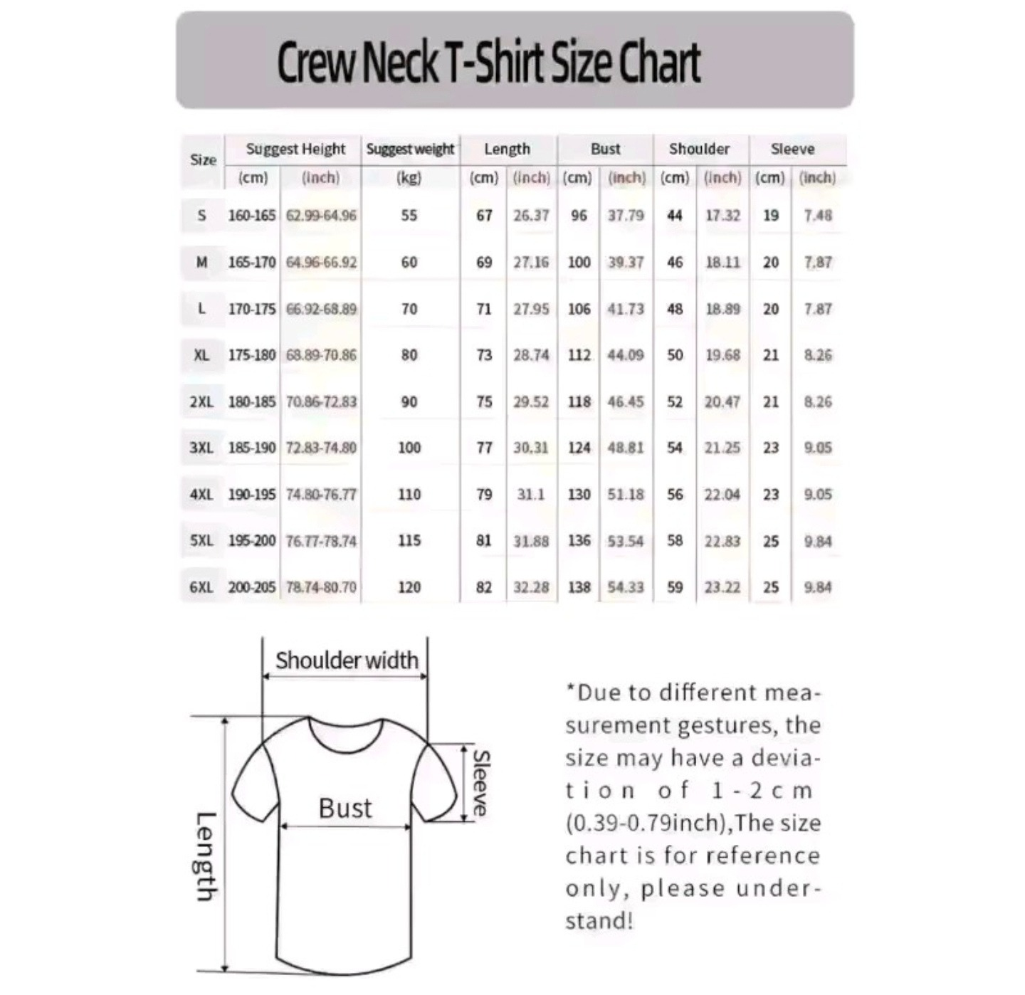 Crew neck t-shirt size chart with measurements on a white background