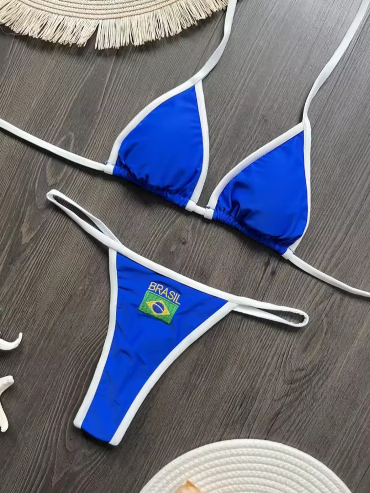 Brazilian G-String Thong Bikini Swimsuit Blue & White