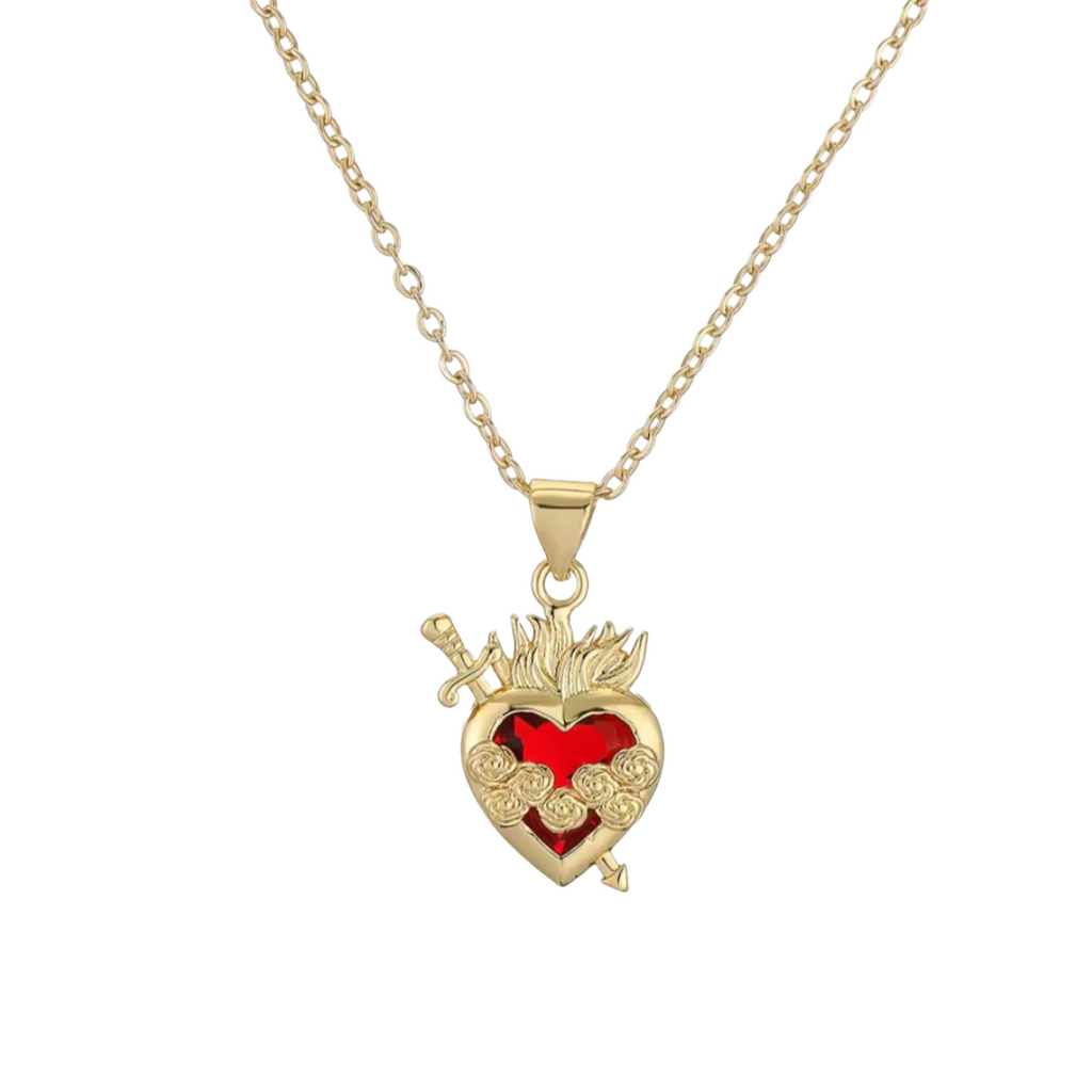 Ezili Dantor Sacred Red Crystal Heart Pendant with Sword and Roses Necklace 