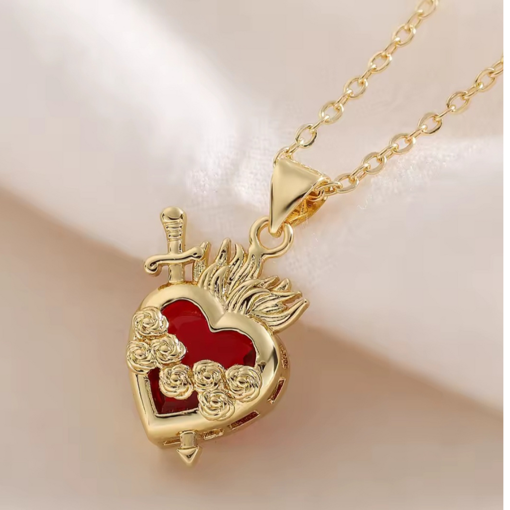 Ezili Dantor Sacred Red Crystal Heart Pendant with Sword and Roses Necklace 