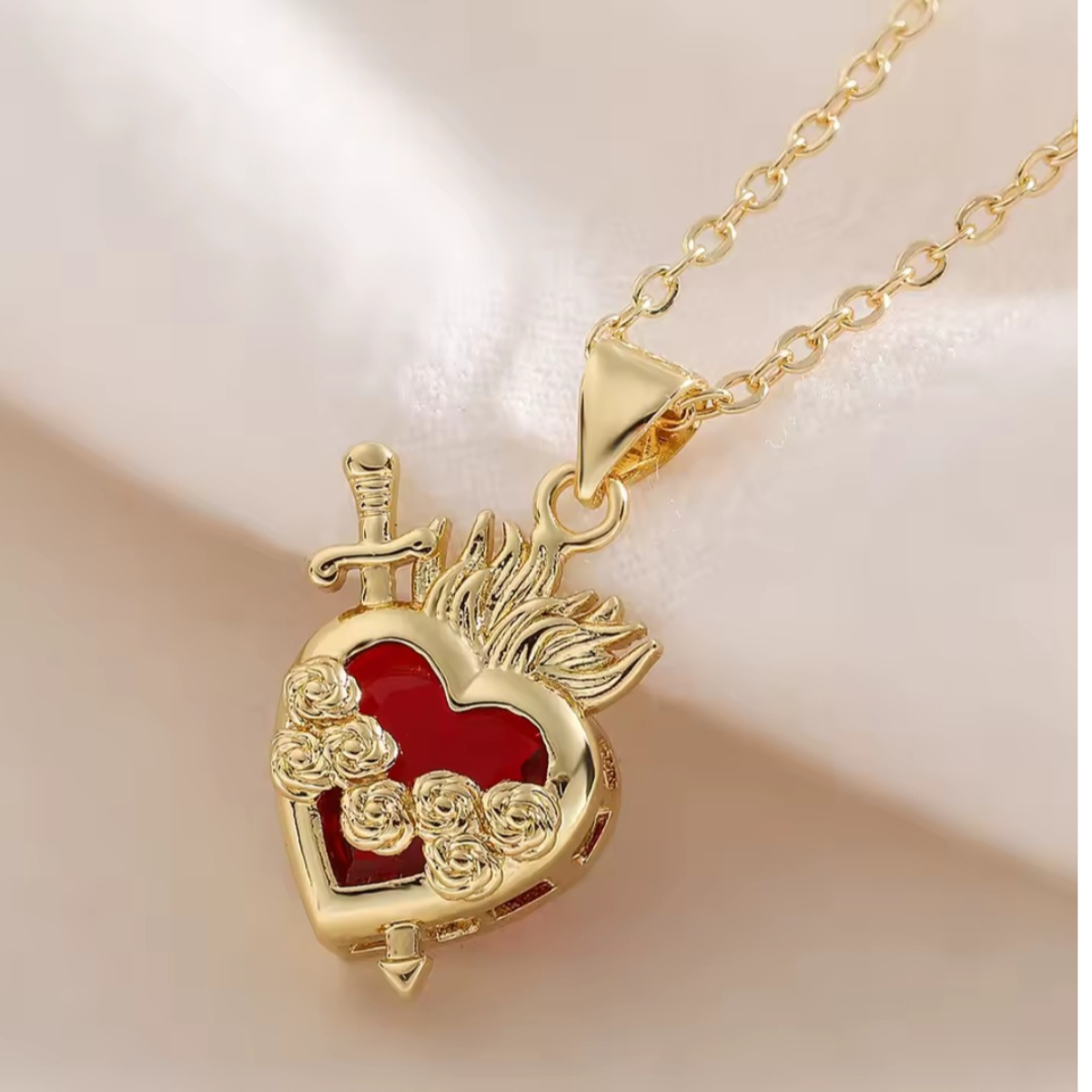 Ezili Dantor Sacred Red Crystal Heart Pendant with Sword and Roses Necklace 