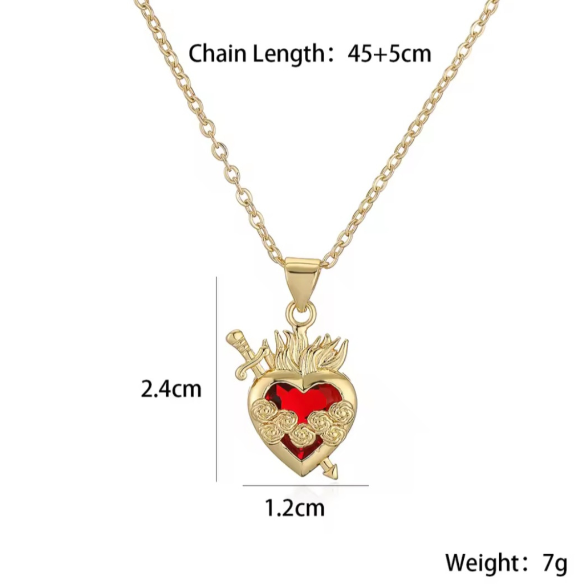 Ezili Dantor Sacred Red Crystal Heart Pendant with Sword and Roses Necklace 