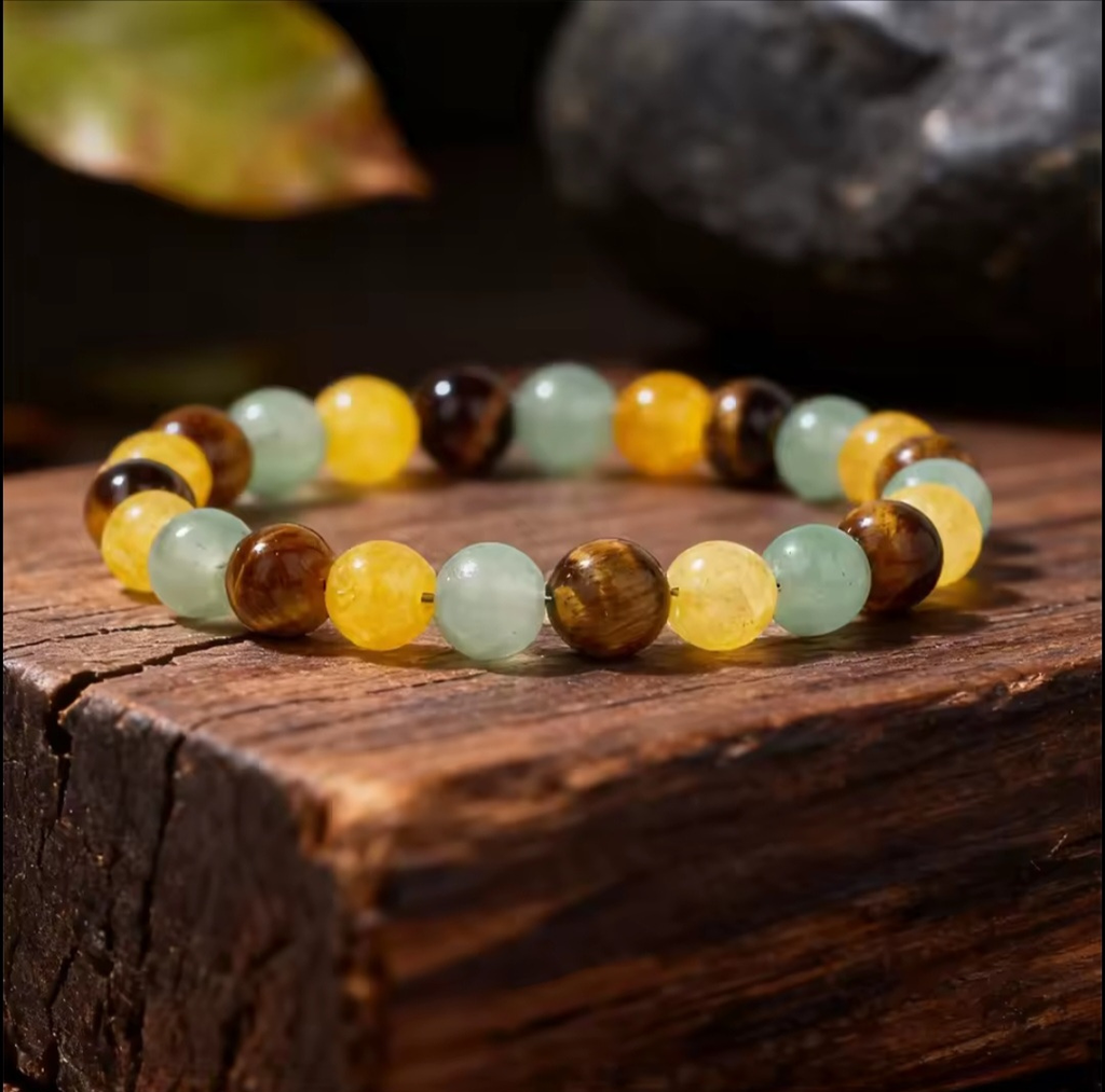 Multicolored beaded bracelet on a wooden surface with a natural background