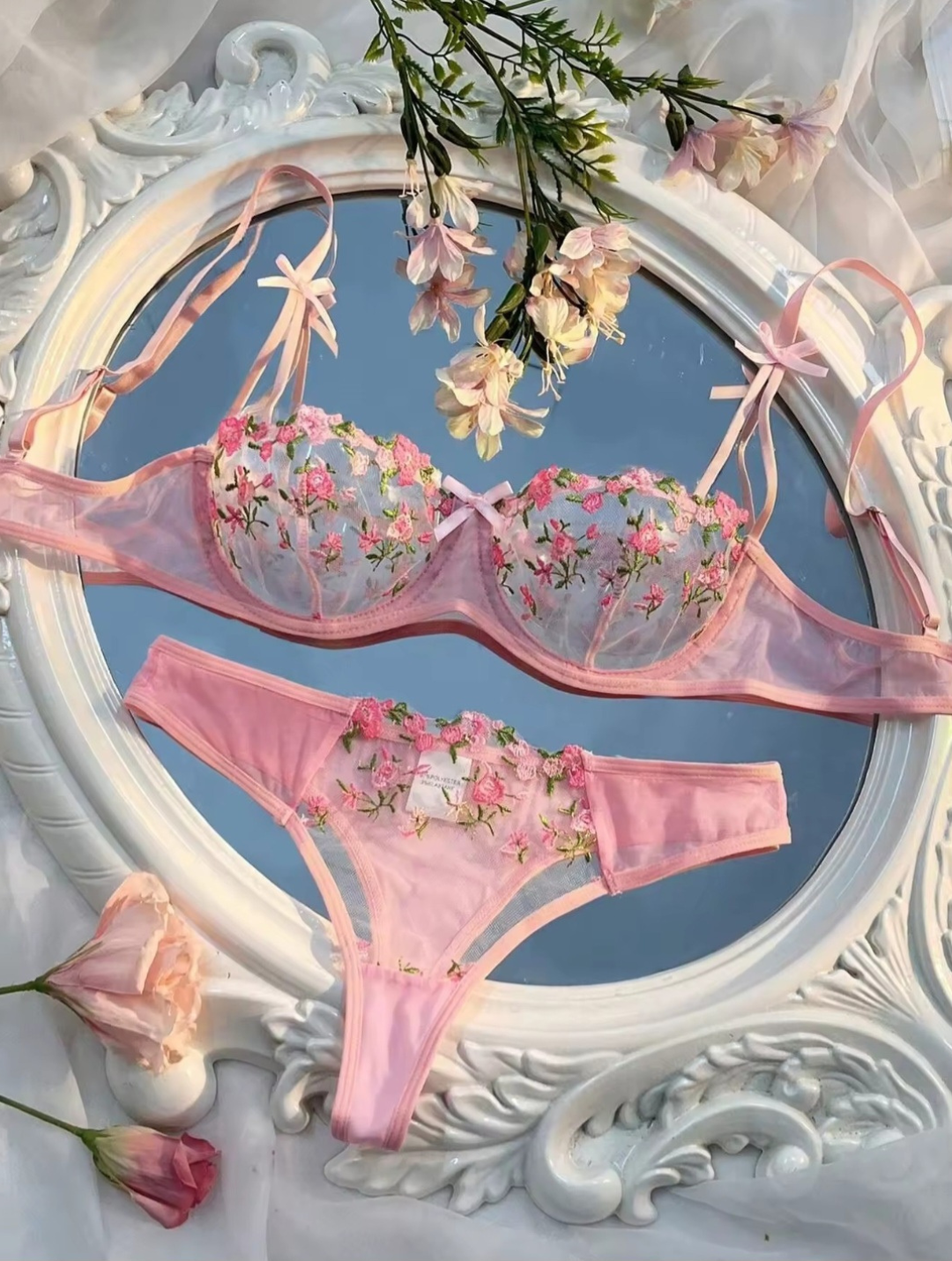 Pink Blossom Embroidered Lingerie Set