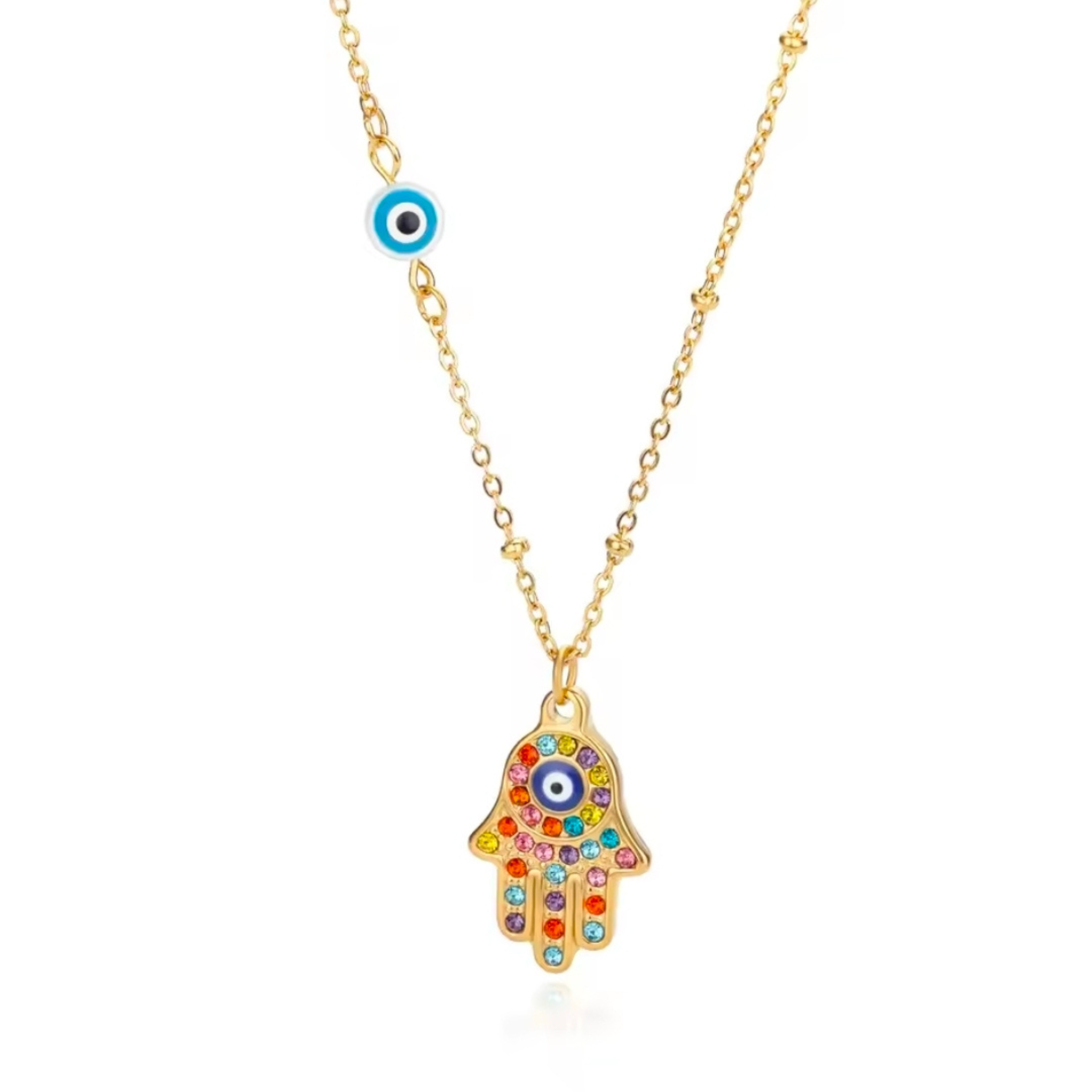 Golden Hamsa Evil Eye Pendant Necklace
