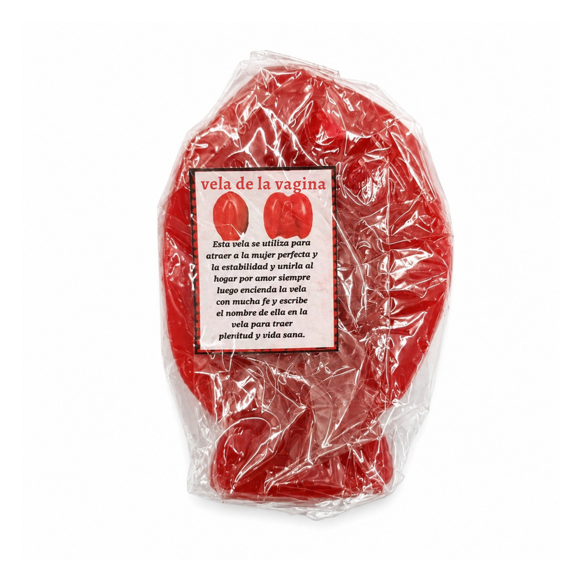Red vagina candle in clear plastic packaging on a white background
