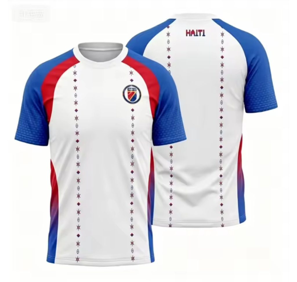White sports jersey with blue and red accents, featuring a logo and 'Haiti' text.